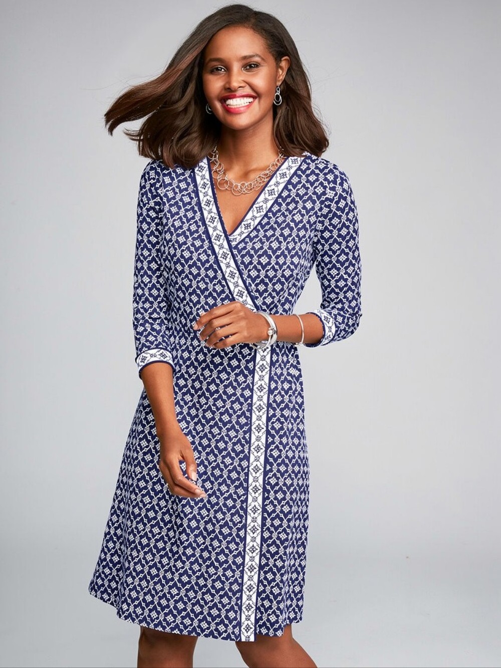 TALBOTS Navy & White Geo Print Faux-Wrap Knit Jersey Dress – 3/4 Sleeves Sz XS